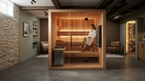 An electric sauna cabin for home fitted into a newly renovated basement recreation room.