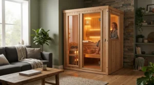 An electric sauna cabin for home installed neatly in a modern living room corner with soft ambient lighting.