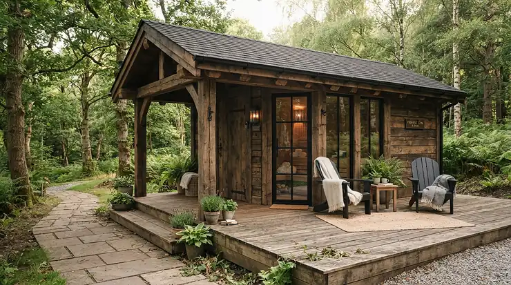 An outdoor-rated electric sauna cabin for home featuring durable timber cladding and a waterproof sloping roof.