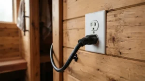 Showing a simple plug-in electric sauna cabin for home plugged into a standard domestic wall socket.