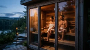 Compact electric sauna cabin for home designed for two people enjoying a relaxing evening session together.