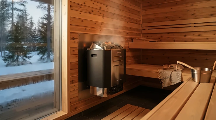 Sleek electric sauna heater installed in a contemporary home timber-lined sweat room