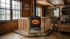 Freestanding electric sauna heater surrounded by a protective wooden safety guard rail