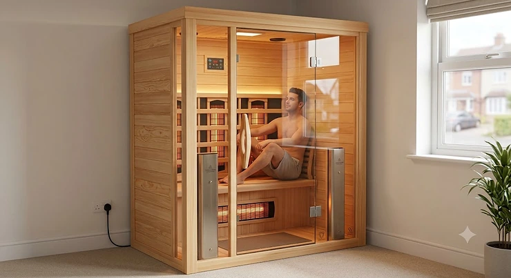Compact wooden full spectrum infrared sauna cabinet for home plug in use in the UK under 1500 pounds, full spectrum saunas under £1500