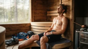A professional cyclist utilising a full spectrum sauna for muscle recovery in a training facility