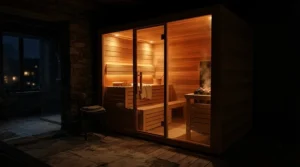 Enjoying an evening session in a full spectrum sauna for muscle recovery to soothe sore limbs