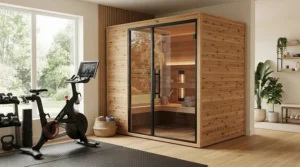 A modern home gym featuring a dedicated full spectrum sauna for muscle recovery