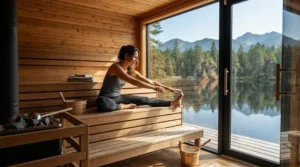 A runner using a full spectrum sauna for muscle recovery as part of a post-run routine