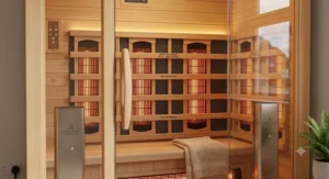 Internal view of a full spectrum sauna displaying near, mid, and far infrared heaters under 1500 pounds