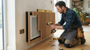Positioning infrared panels for DIY sauna behind a wooden bench backrest