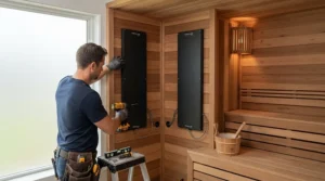 Mounting vertical infrared panels for DIY sauna in a corner configuration