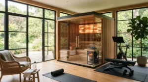 Luxury glass-fronted near infrared sauna for home gym in a suburban house extension