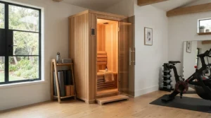 Minimalist single person near infrared sauna for home gym in a small apartment