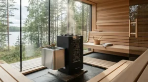 A contemporary wood burning sauna stove equipped with an integrated hot water tank