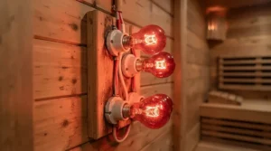 Interior view showing red therapy lamps inside a near infrared sauna for home gym