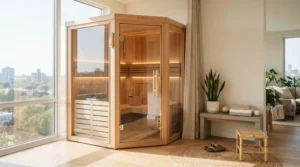 Compact near infrared saunas under £700 set up in a modern British flat living room
