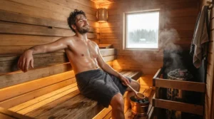 Person relaxing after a workout in their near infrared sauna for home gym in Manchester