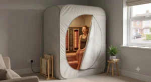 Portable full spectrum sauna tent with low EMF heaters set up in a UK living room