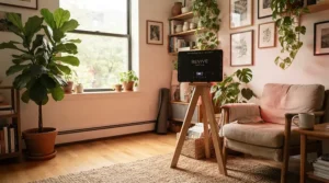 Portable near infrared sauna panels positioned on a wooden stand in a flat