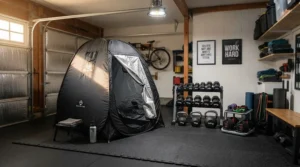 Foldable near infrared saunas under £700 set up in a garage home gym