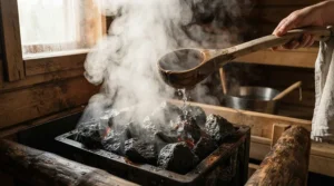 Steam rising after water is ladled onto hot stones in an electric sauna heater