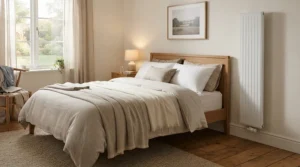 Slimline binfrared sauna panels mounted on a bedroom wall for relaxing heat therapy