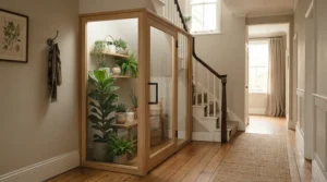 Finished exterior look of a high-quality traditional sauna for home in a hallway corner