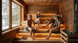 Spacious traditional sauna for home seating four people comfortably