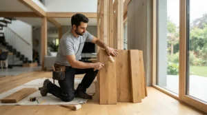 A traditional sauna for home being assembled in a modern British bathroom space