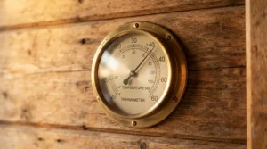 Wooden dial thermometer mounted on the cedar wall of a traditional sauna for home