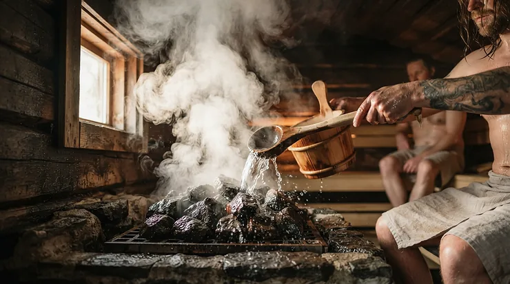 Steam rising from hot rocks inside a traditional sauna for home during a löyly session