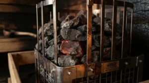 Heated volcanic rocks inside a traditional sauna for home ready for water