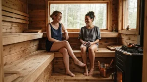 A lifestyle depiction of traditional sauna vs infrared sauna showing people unwinding together indoors.