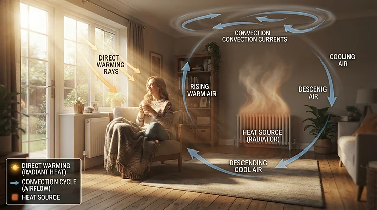 An explanatory diagram for traditional sauna vs infrared sauna demonstrating dry heat circulation versus radiant waves.
