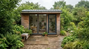A backyard installation scene comparing traditional sauna vs infrared sauna in a UK garden setting.