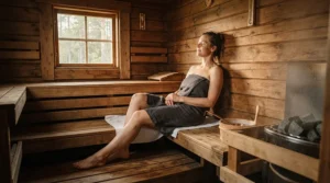 An illustration showing traditional sauna vs infrared sauna inside a modern British home wooden cabin interior.