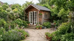 A compact outdoor layout featuring traditional saunas under £2000 installed neatly in a small suburban back garden.