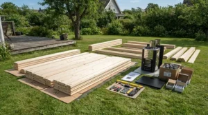 Unboxed wooden panels and heater parts showing what is included with traditional saunas under £2000 flat pack kits.