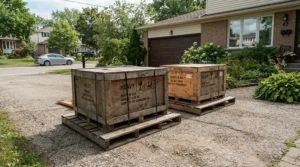 Large wooden crates and pallet delivery of traditional saunas under £2000 arriving outside a home.