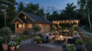 An outdoor relaxation area featuring traditional saunas under £2000 positioned next to a paved patio.