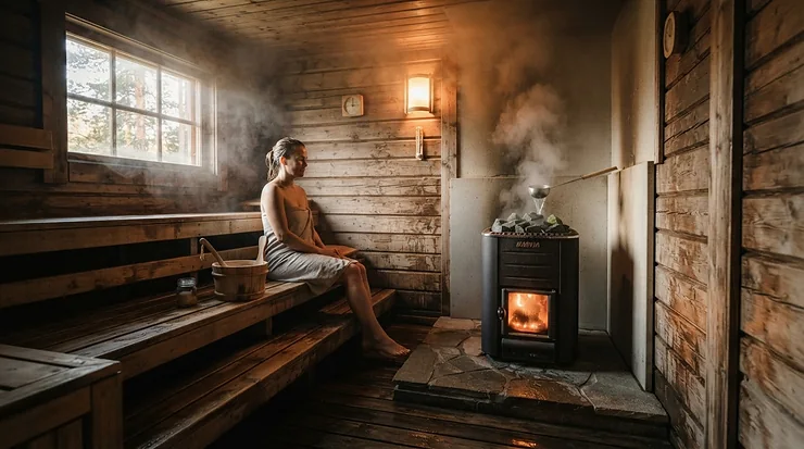 The warm interior view of traditional saunas under £2000 with glowing rocks and wooden benches.