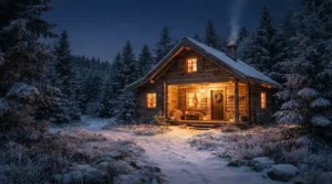 Traditional saunas under £2000 illuminated from within during a cold winter evening in the garden.