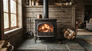 A classic cast iron wood burning sauna stove providing warmth for a British country retreat