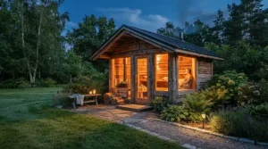 Cozy evening lighting glowing from the windows of a wood burning sauna for garden