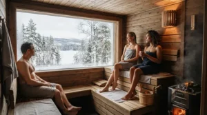 A family enjoying a relaxing weekend session inside their wood burning sauna for garden