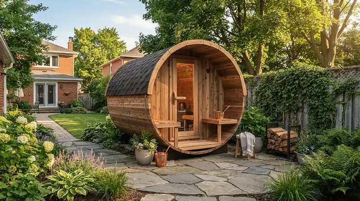 A modern cedar wood burning sauna for garden positioned neatly on a paved stone patio