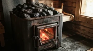 A glowing log burner stove loaded with rocks inside a compact wood burning sauna for garden
