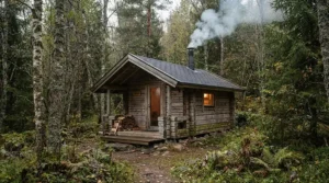 A rustic wood burning sauna for garden set up beside a remote off-grid timber cabin in the countryside