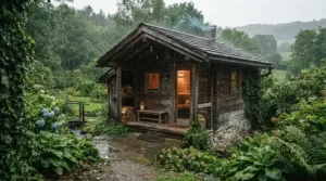 A steaming wood burning sauna for garden offering shelter during a typical British rainy afternoon