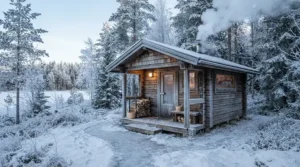 Steam rising from a wood burning sauna for garden on a chilly winter morning during a heat-up test